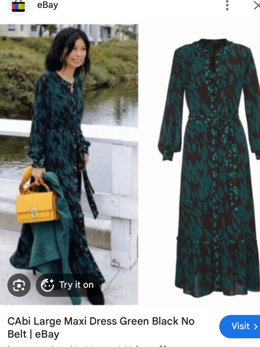 CAbi Teal and Black Leaf-Print Maxi Dress